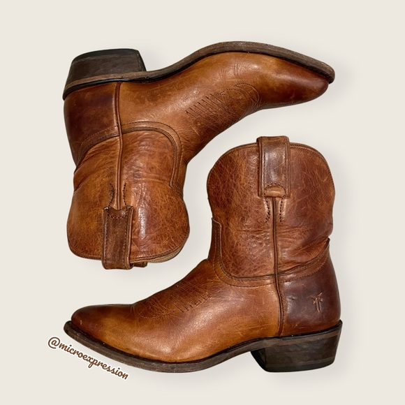 Frye Billy Short Pull On Cognac Brown Leather Southern Boho Cowboy Ankle Boot - Picture 14 of 14